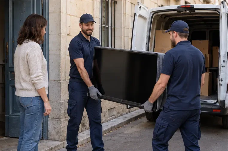 Deux livreurs emportent un grand téléviseur usagé devant un logement pendant que la propriétaire supervise la reprise.