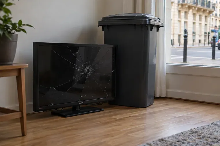 Un téléviseur à l’écran fissuré est posé à côté d’un bac d’ordures ménagères dans un logement.