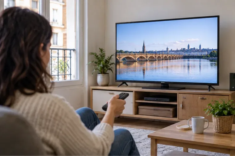 Une personne teste un téléviseur encore allumé dans un salon avant de décider de le donner ou de le recycler.