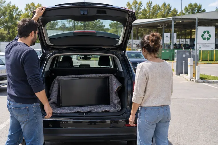 Un téléviseur protégé est visible dans le coffre ouvert d’une voiture à l’entrée d’un centre de recyclage.