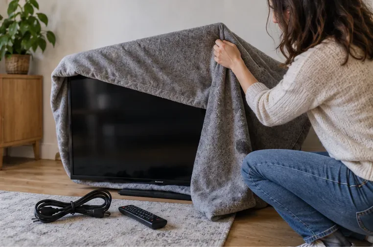 Un téléviseur éteint est protégé avec une couverture, avec la télécommande et le câble rassemblés à côté.