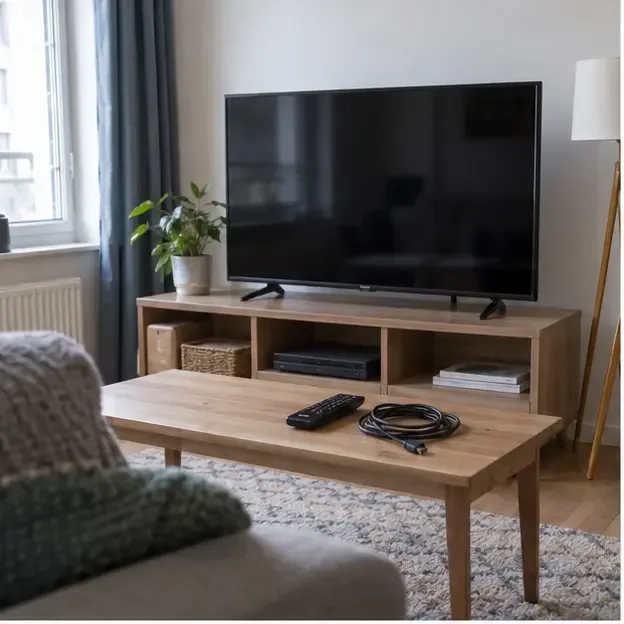 Téléviseur à écran plat éteint dans un salon, avec sa télécommande et ses câbles posés sur une table