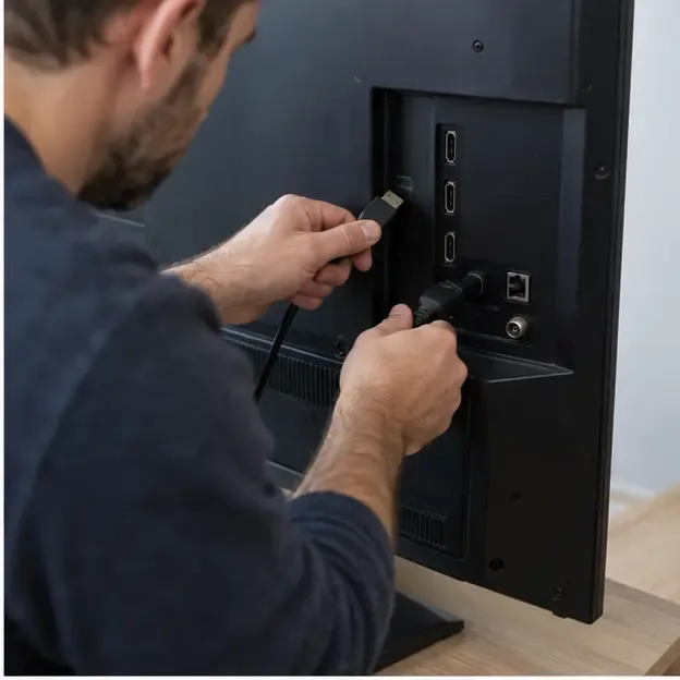 Personne débranchant les câbles HDMI et le câble d’alimentation à l’arrière d’un téléviseur éteint