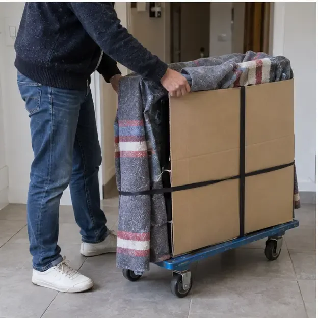 Téléviseur protégé par une couverture et du carton, attaché sur un chariot pour rester stable pendant le transport