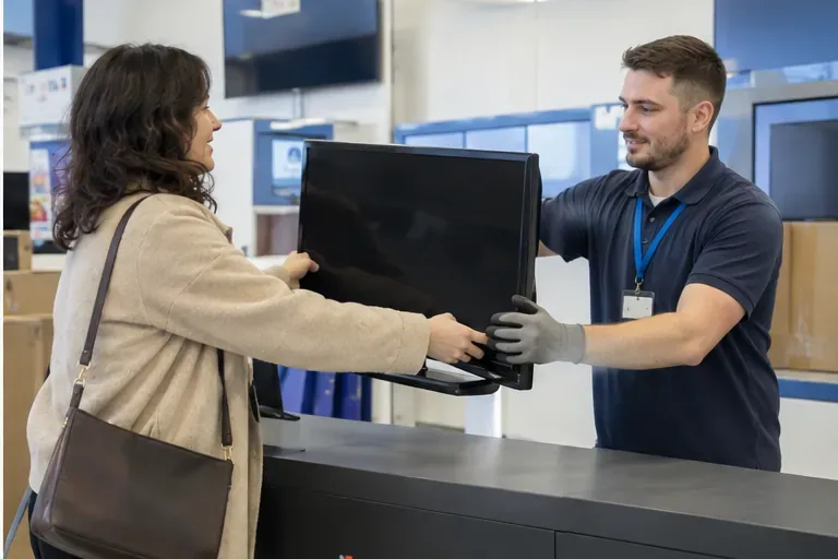 Une cliente remet un téléviseur à un employé au comptoir d’un magasin d’électronique pour une reprise.