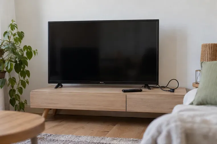 Téléviseur à écran plat éteint, posé sur un meuble avec sa télécommande et son câble à proximité