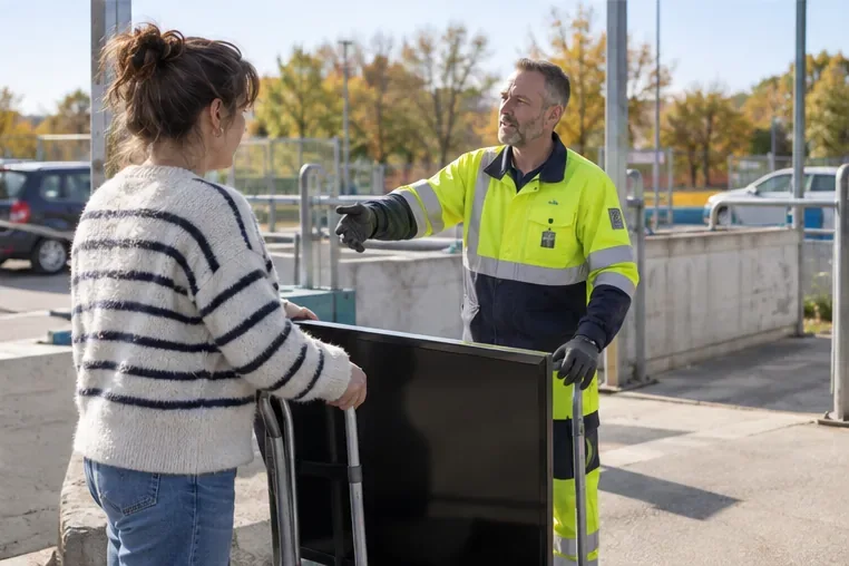 Un habitant présente un téléviseur à un agent en gilet haute visibilité à l’entrée d’une déchèterie