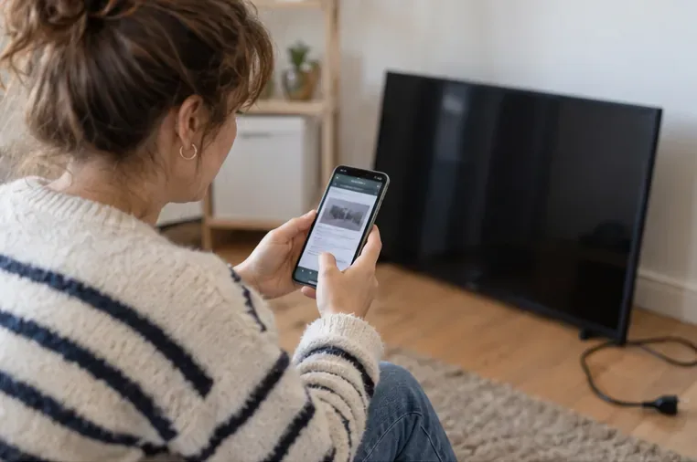 Habitante consultant son téléphone près d’un téléviseur débranché avant de choisir un point de dépôt