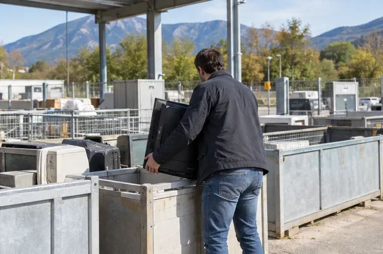 Un homme dépose un ancien téléviseur dans une zone de collecte d’équipements électriques d’une déchèterie, avec des montagnes visibles à l’arrière-plan.