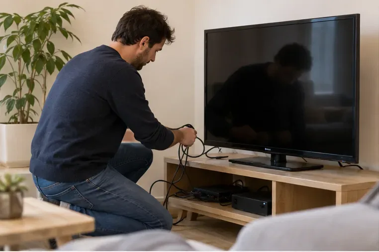 Un homme débranche les câbles d’un téléviseur écran plat posé sur un meuble avant de décider de son réemploi ou de son recyclage.