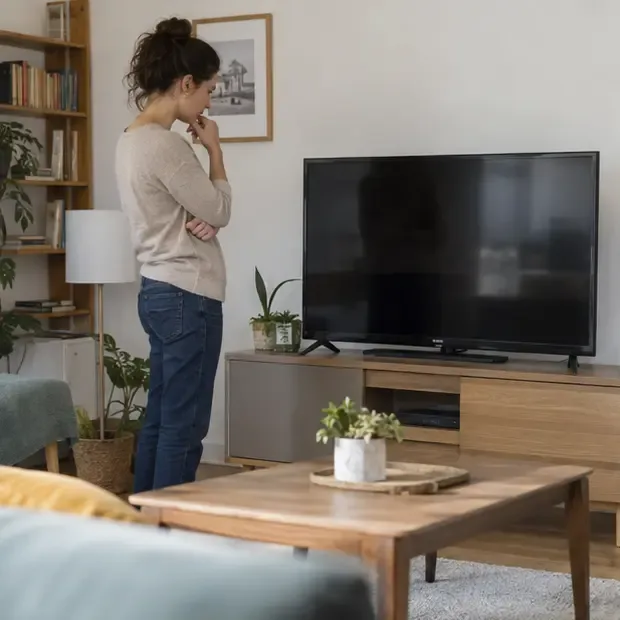 Une personne examine un ancien téléviseur dans un salon avant de décider entre réemploi et recyclage