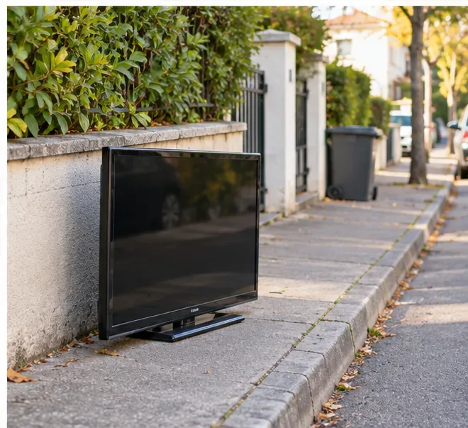 Un téléviseur posé sur le trottoir devant une habitation en attente d’une collecte d’encombrants