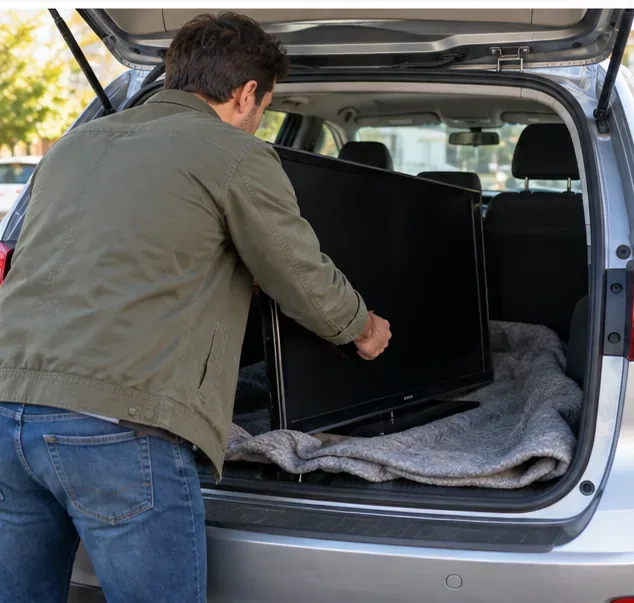 Une personne place un téléviseur debout et protégé par une couverture dans le coffre d’une voiture
