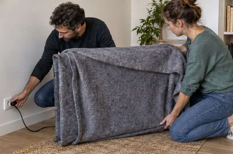 Deux adultes débranchent un téléviseur et le tiennent sous une couverture avant son transport.