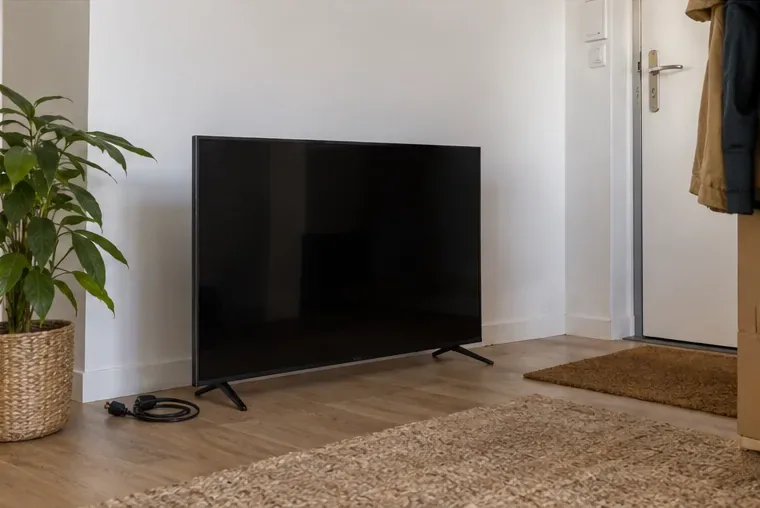 Un téléviseur débranché est posé à l’intérieur près d’une porte, prêt pour une collecte réservée.