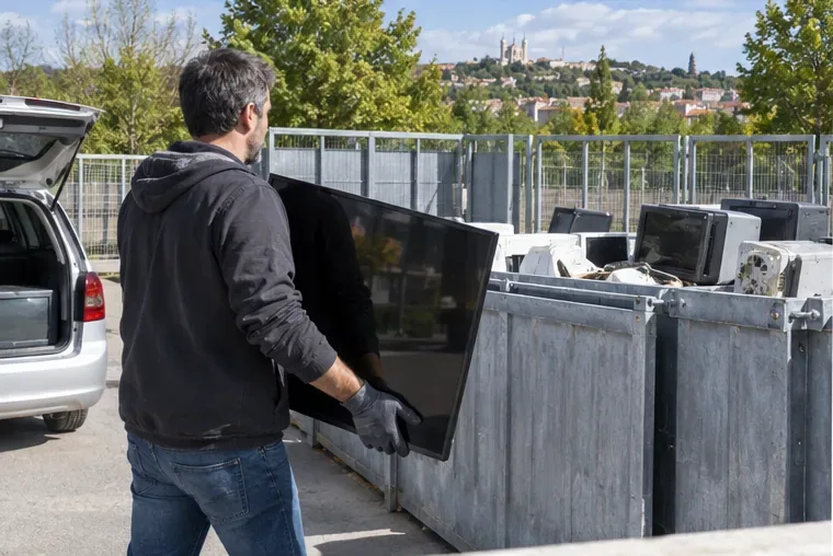 Un homme apporte un écran de télévision vers les bennes d’un centre de recyclage.