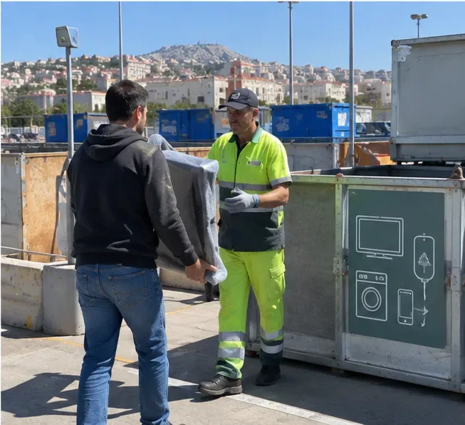 Un particulier remet un vieux téléviseur à un agent dans une zone de collecte de déchets électriques et électroniques
