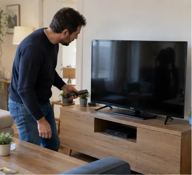 Un homme vérifie le fonctionnement d’un téléviseur à écran plat dans un salon avant de décider s’il doit être réparé, donné ou recyclé
