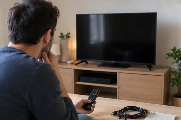 Personne assise face à un téléviseur à écran plat, avec télécommande et câbles posés sur une table