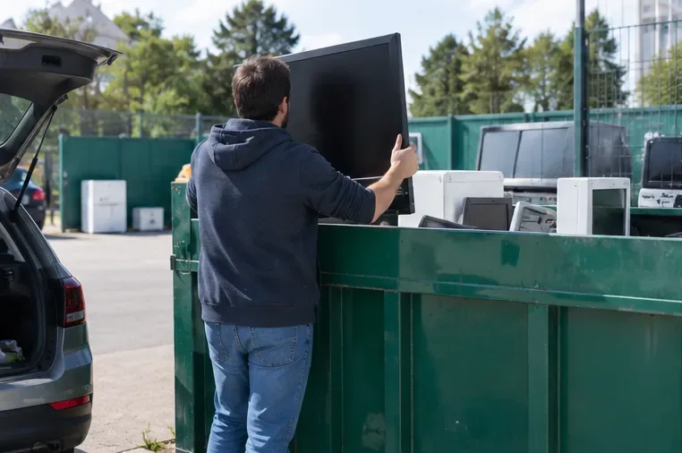 Personne apportant un téléviseur à écran plat dans une zone de collecte d’appareils électroniques