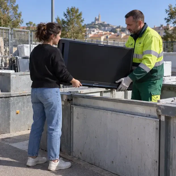 Une habitante et un agent manipulent un téléviseur devant une benne de réception dans un centre de recyclage.