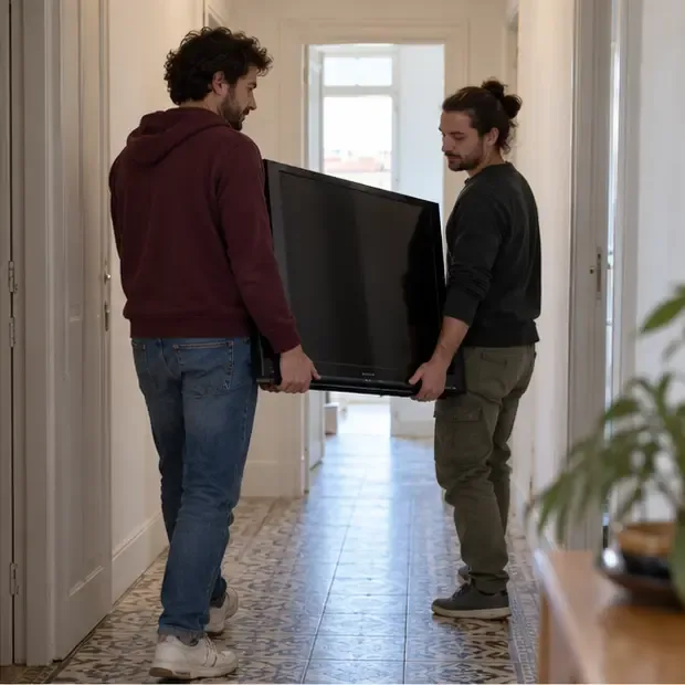 Deux adultes transportent ensemble un téléviseur à écran plat maintenu verticalement dans un couloir dégagé.
