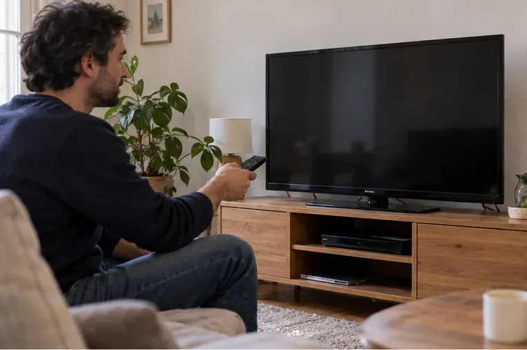 Un homme tient une télécommande face à un téléviseur à écran plat sur un meuble