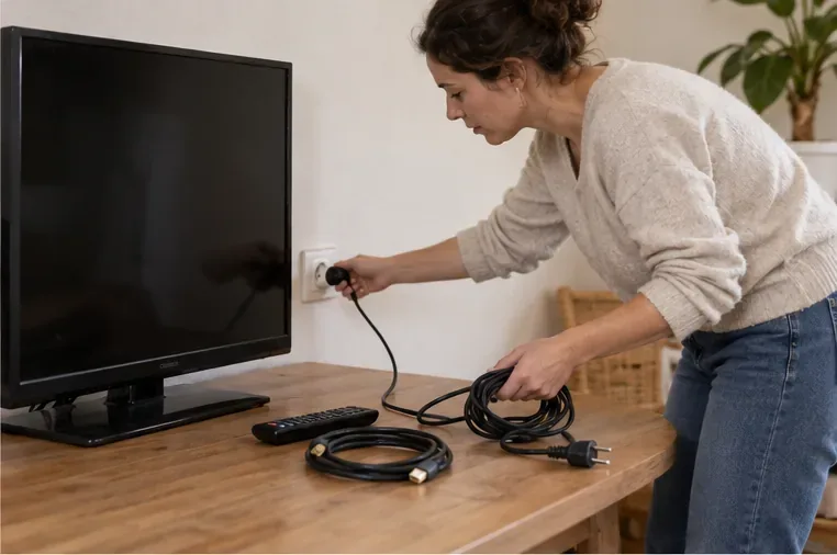 Une femme retire la prise électrique du téléviseur et rassemble des câbles sur une table