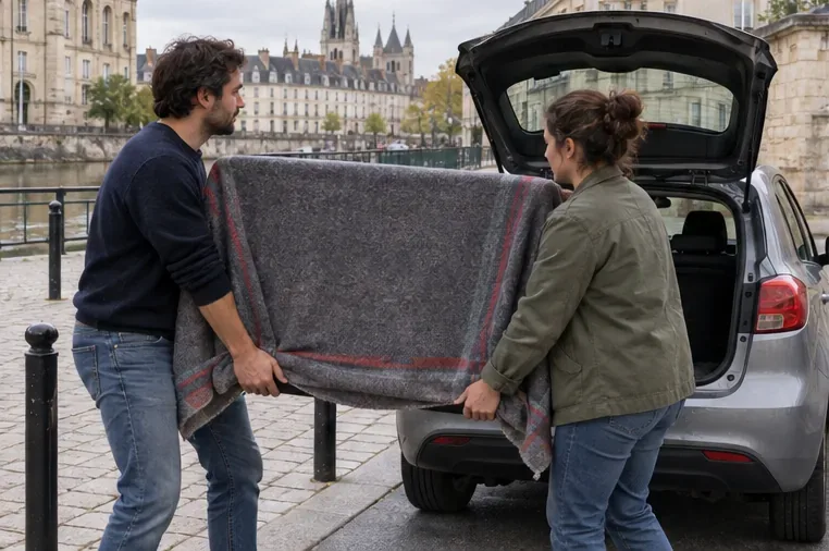 Deux personnes portent un téléviseur enveloppé dans une couverture vers une voiture