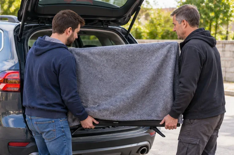 Deux personnes chargent un téléviseur protégé par une couverture dans le coffre d’une voiture.