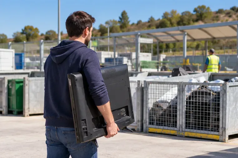 Une personne apporte un téléviseur dans une zone organisée de collecte de déchets électriques.
