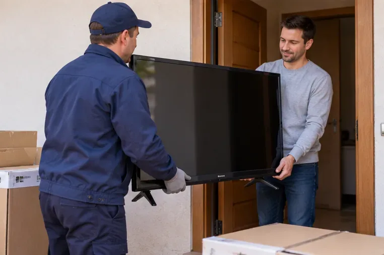 Un livreur et un particulier manipulent un téléviseur devant une habitation lors d’une reprise d’appareil.