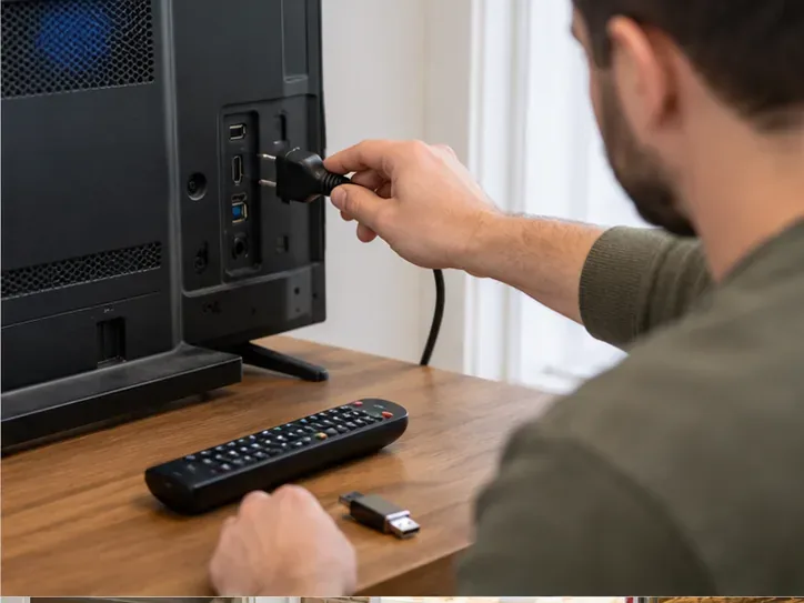 Une personne débranche le téléviseur avant le transport; la télécommande et une clé USB sont posées à côté.