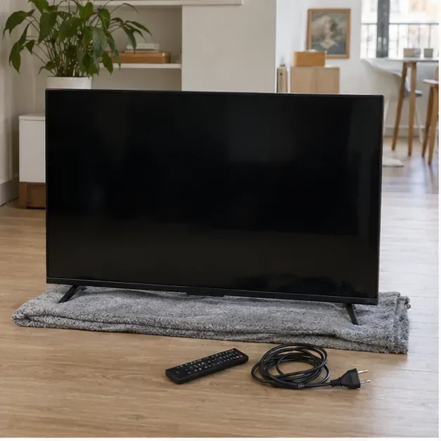 Téléviseur écran plat débranché, posé sur une couverture avec sa télécommande et son câble