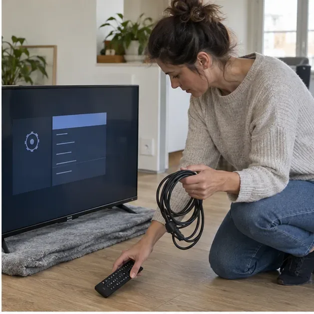 Personne rassemblant le câble d’alimentation et la télécommande d’un téléviseur avant son évacuation