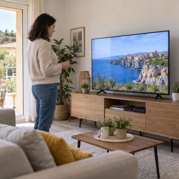 Une personne examine un téléviseur à écran plat encore installé dans son salon avant de décider de le réemployer.