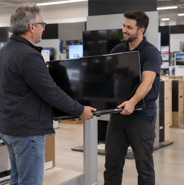 Un client et un vendeur portent ensemble un téléviseur à écran plat dans un magasin d’électronique.