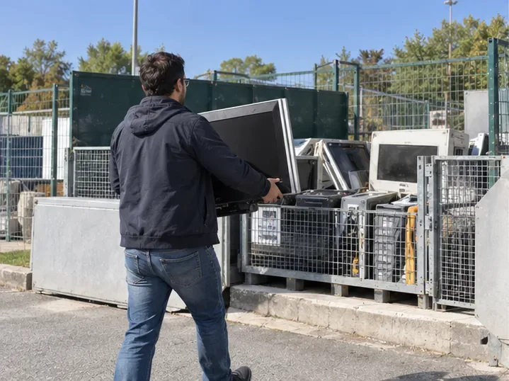 Une personne apporte un téléviseur vers une zone clôturée contenant des équipements électriques usagés