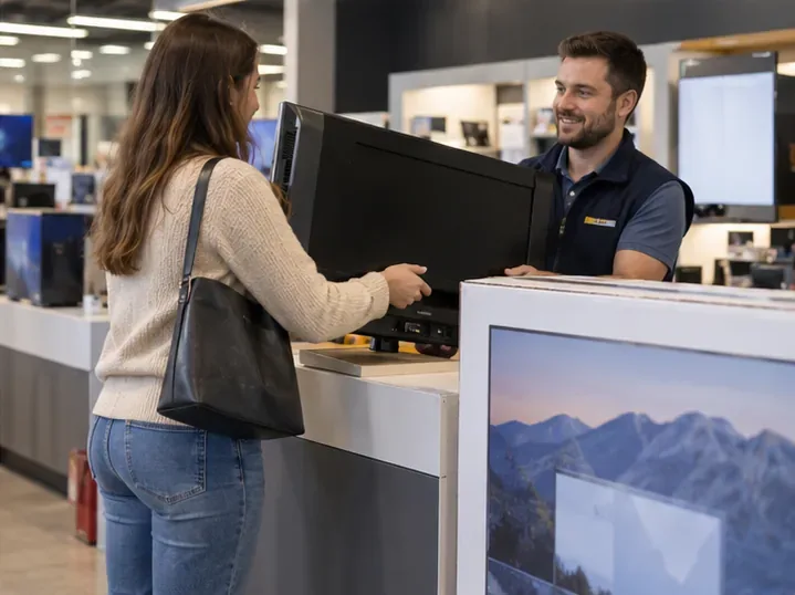 Une cliente remet un téléviseur usagé à un employé au comptoir d’un magasin d’électronique