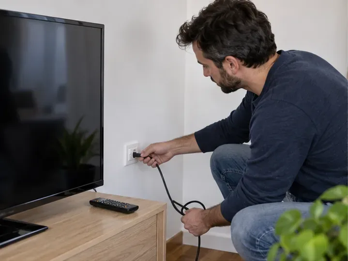 Un homme débranche le câble d’alimentation d’un téléviseur posé sur un meuble avant son transport