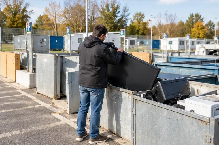 Une personne dépose un grand téléviseur à écran plat dans une zone de collecte d’équipements électriques en déchèterie.