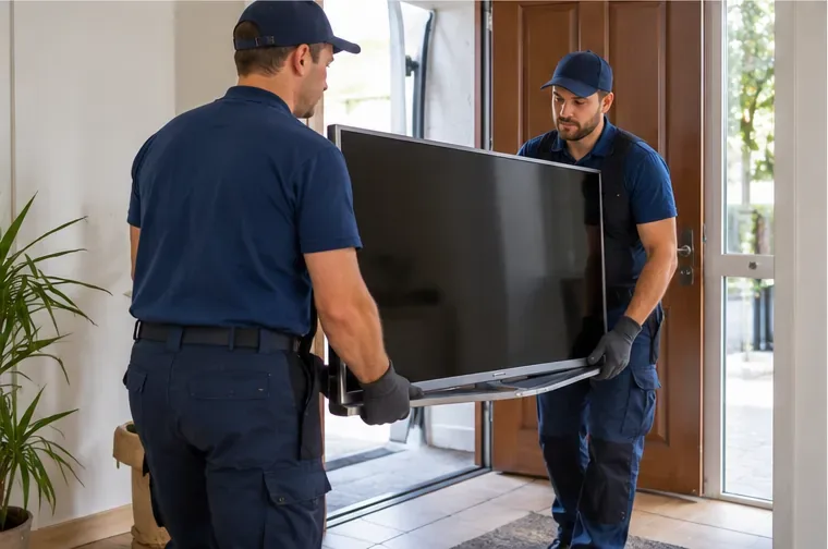 Deux manutentionnaires portent un grand téléviseur à écran plat vers la porte d’un logement.
