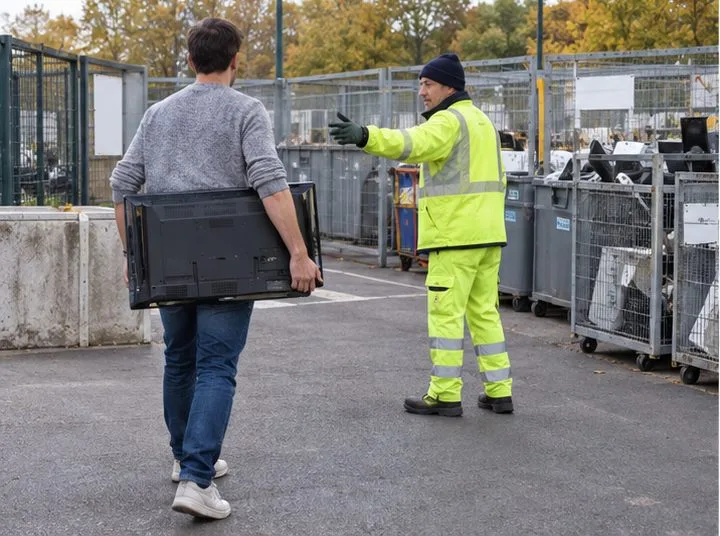 Un habitant transporte un téléviseur vers une zone de dépôt électrique pendant qu’un agent lui indique la direction.