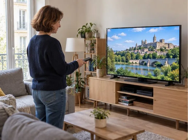Une femme utilise la télécommande devant un téléviseur allumé qui affiche un paysage, dans un salon rangé.