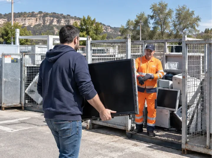 Un particulier apporte un téléviseur à écran plat vers une zone de collecte séparée contenant d’autres appareils électriques usagés.