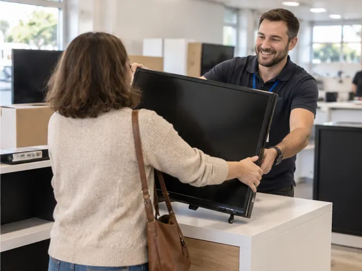 Une cliente remet un téléviseur à écran plat à un employé au comptoir d’un magasin d’électronique.