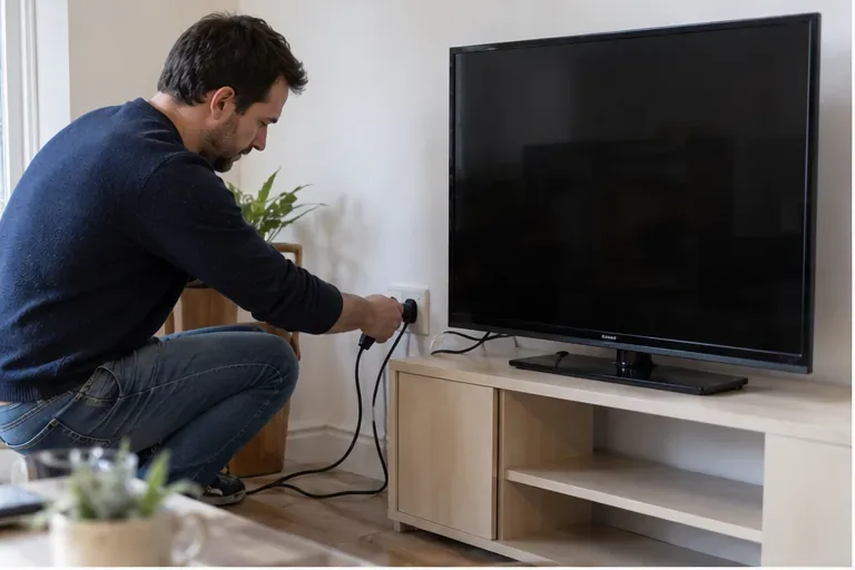 Un homme débranche un téléviseur à écran plat dans un salon avant de le préparer pour son enlèvement.