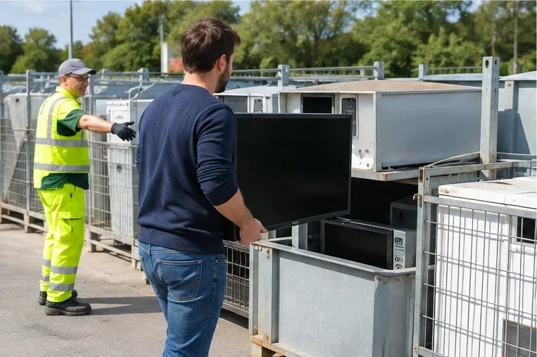 Un particulier apporte un téléviseur à écran plat dans la zone dédiée aux équipements électriques d’une déchèterie.