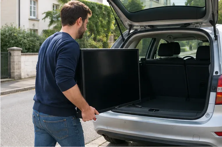 Une personne charge un téléviseur à écran plat dans le coffre d’une voiture pour le transporter vers un point de collecte.
