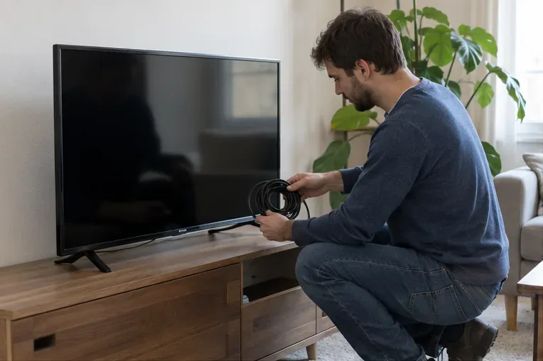 Un homme débranche les câbles d’un téléviseur à écran plat dans un salon avant son évacuation.